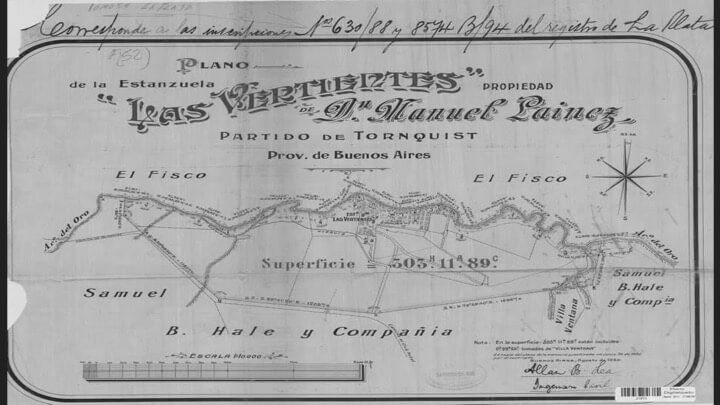 Plano original de la Estanzuela Las Vertientes, propiedad de Manuel Lainez, Partido de Tornquist